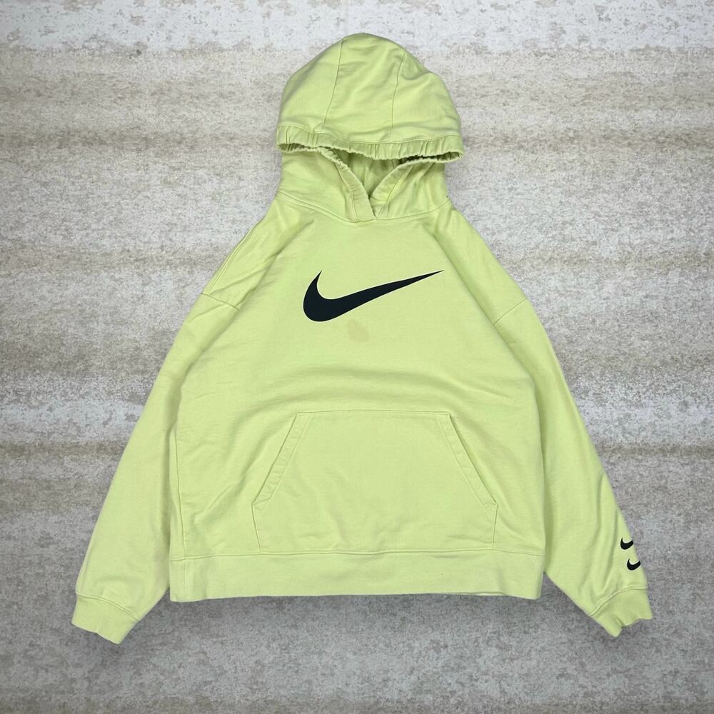 Vintage Y2K Nike Hoodie Mens L Highlighter Yellow Black Swoosh Cotton Pullover